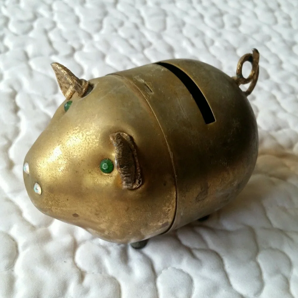 Vintage Brass Pig Shaped Piggy Coin Bank W/Jeweled Eyes Nostrils Curly Tail